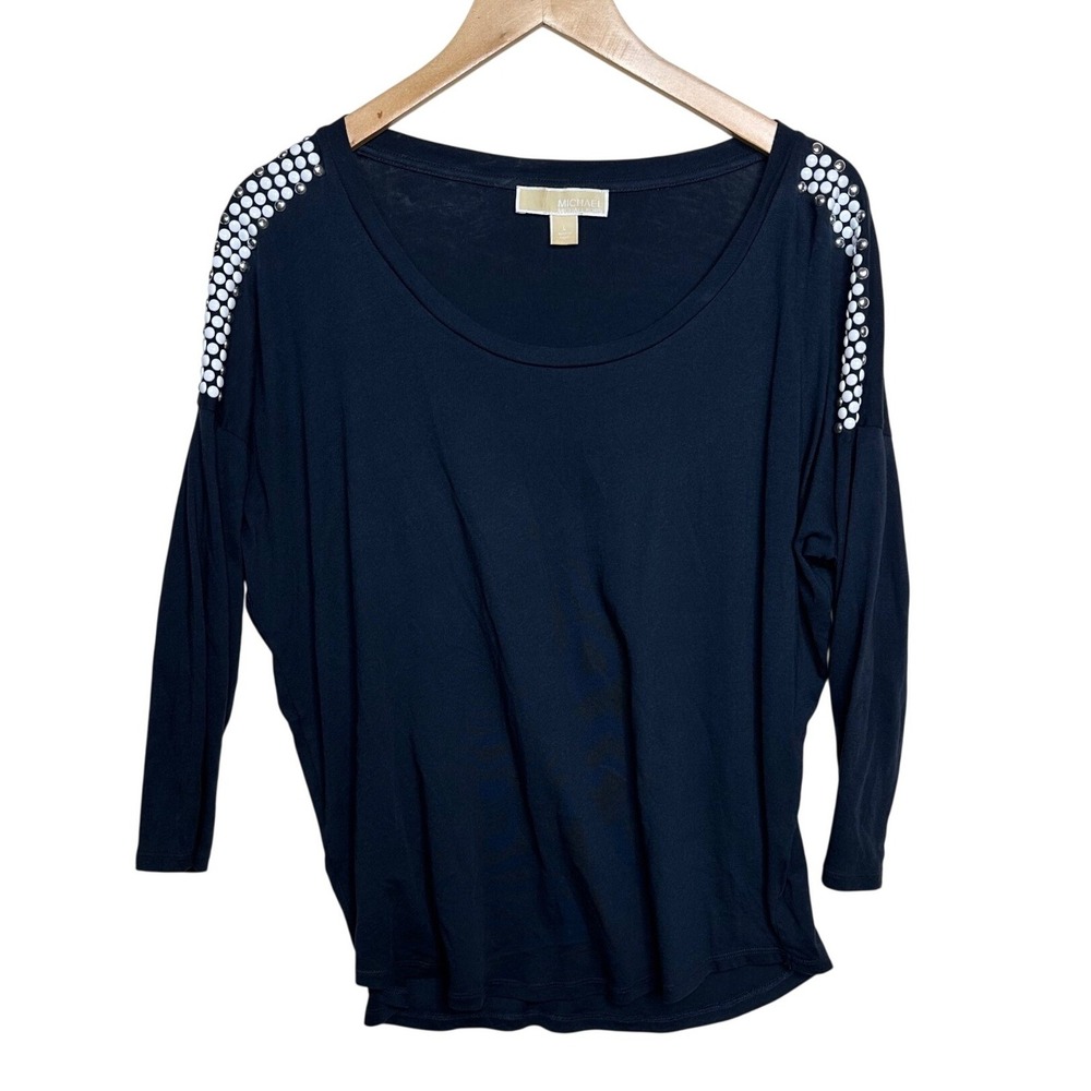 Michael Kors Studded Shoulder Long Sleeve Shirt size Large Black/White